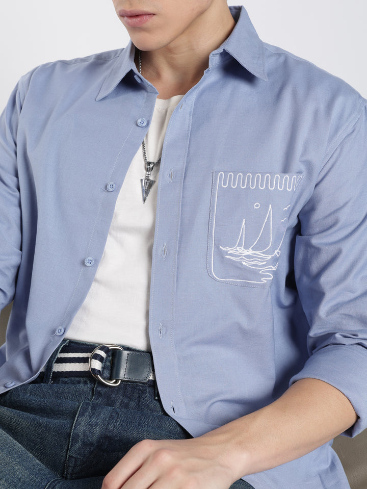 Pocket Yacht Embroidery : Linen Blue Shirt