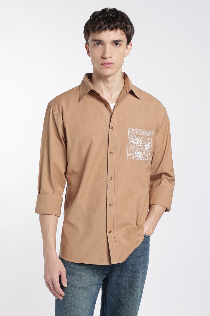 Pocket Floral Embroidery : Linen Brown Shirt
