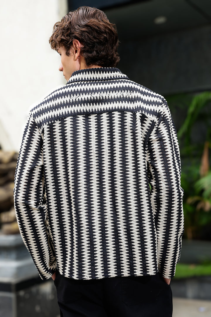 Long Sleeves : Black & Cream Zig Zag Crochet Shirt