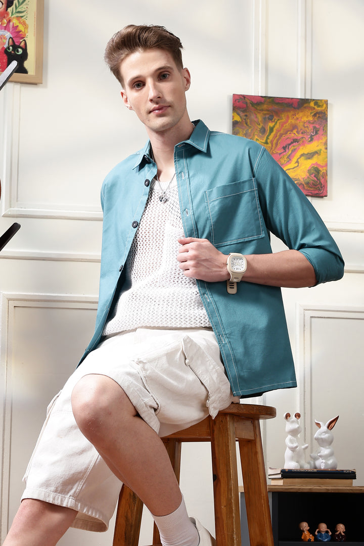Contrast Stitch Overshirt Sapphire Blue