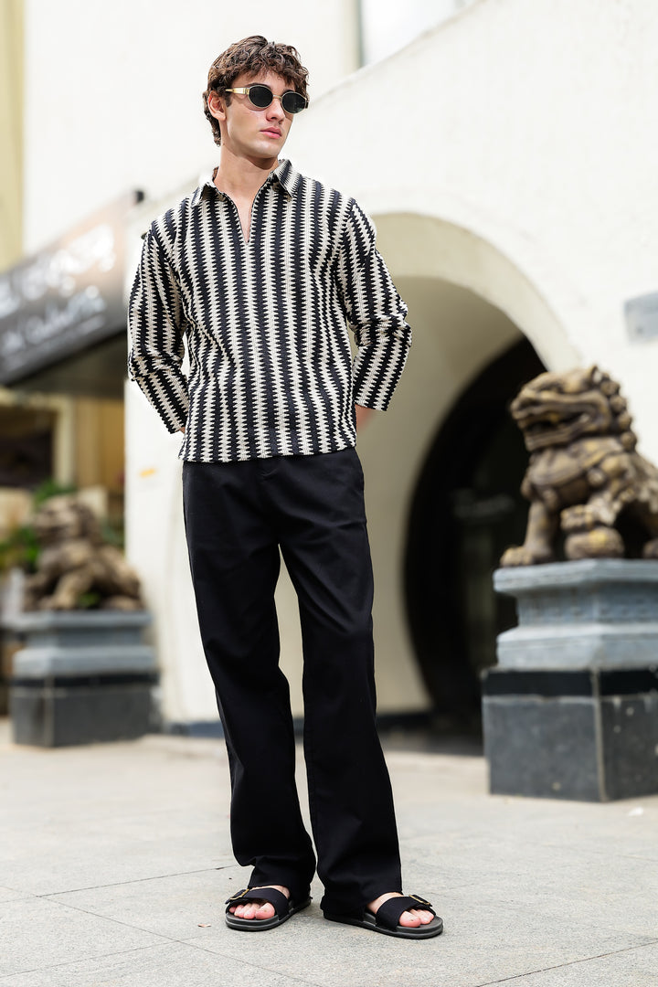 Long Sleeves : Black & Cream Zig Zag Crochet Shirt