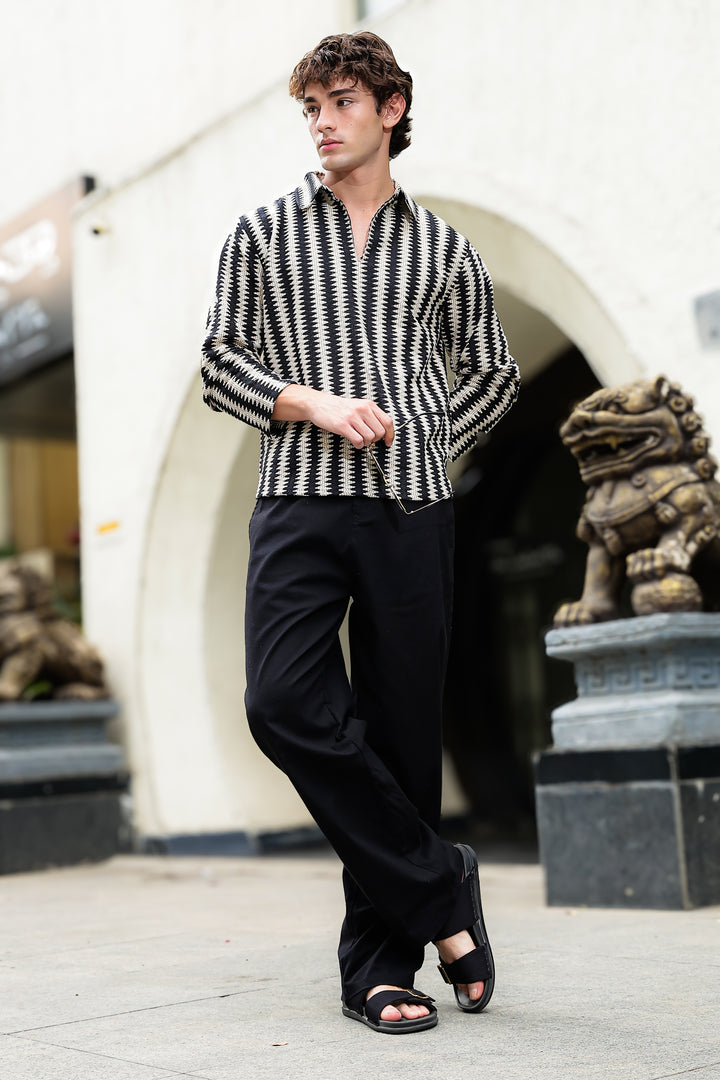 Long Sleeves : Black & Cream Zig Zag Crochet Shirt