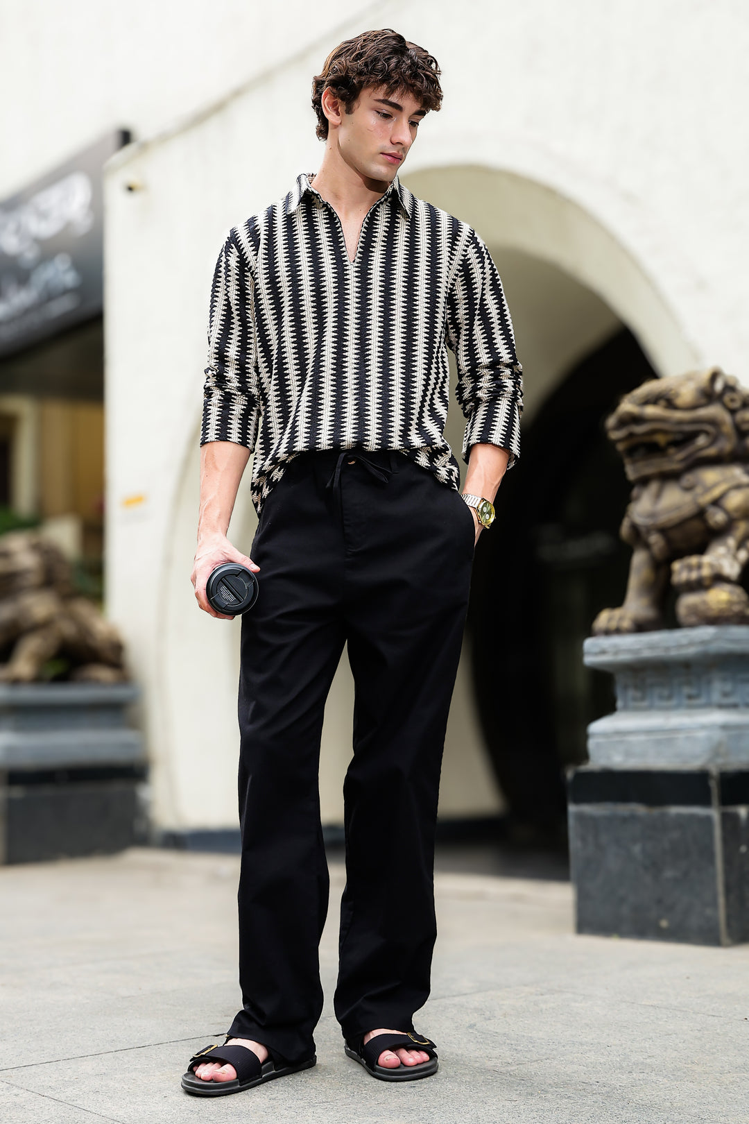 Linen : Black Relaxed Fit Trousers