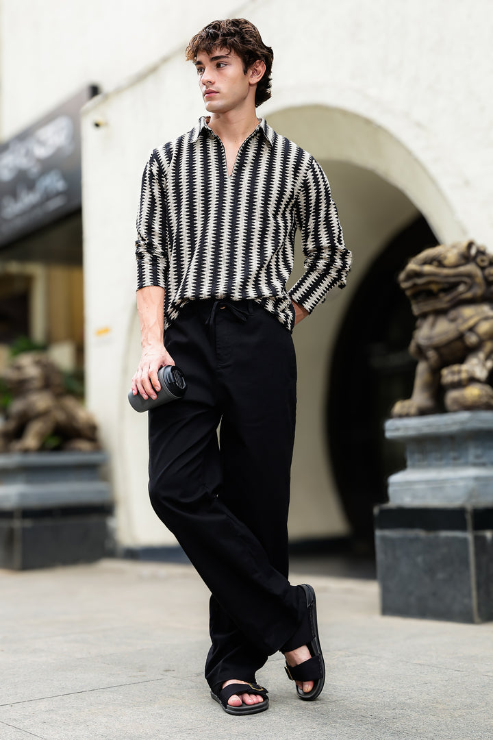 Linen : Black Relaxed Fit Trousers