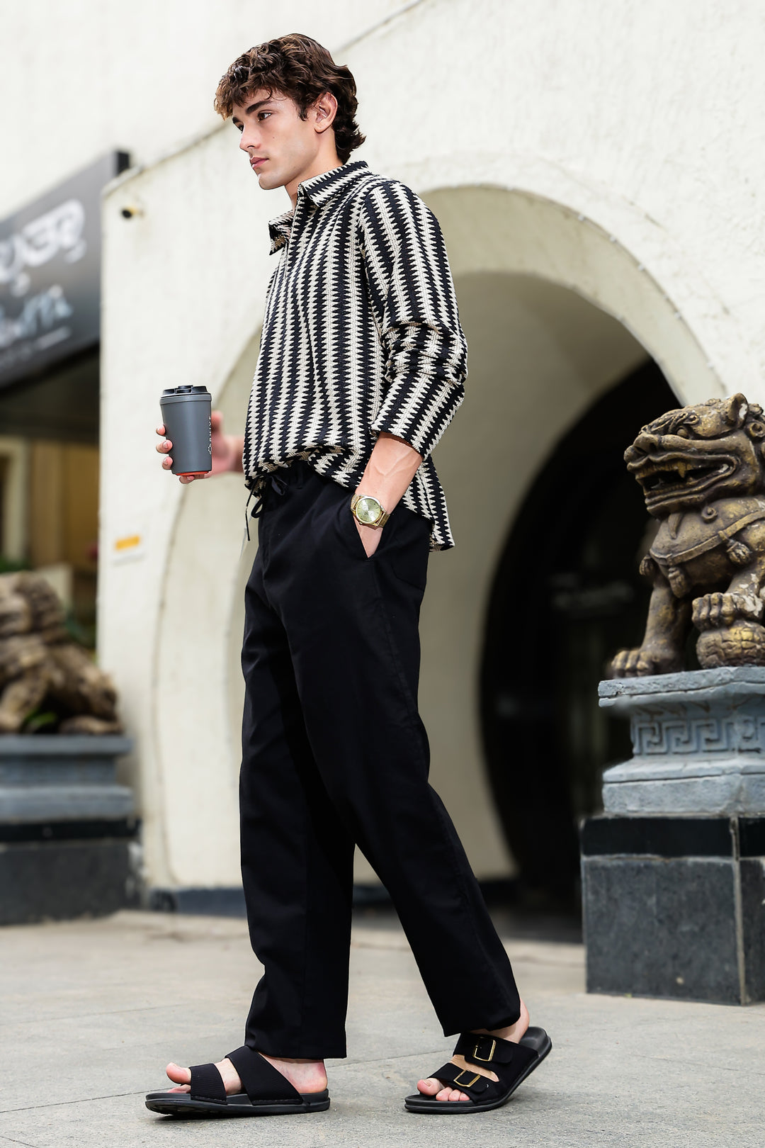 Linen : Black Relaxed Fit Trousers