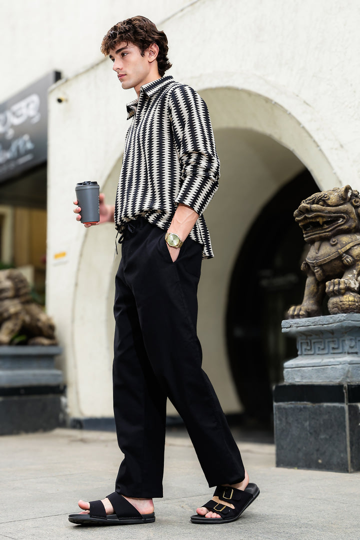 Linen : Black Relaxed Fit Trousers