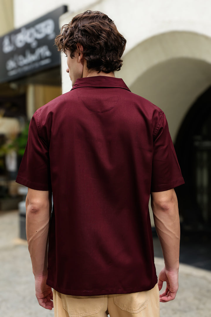 Crimson Floral Embroidery Cuban Shirt