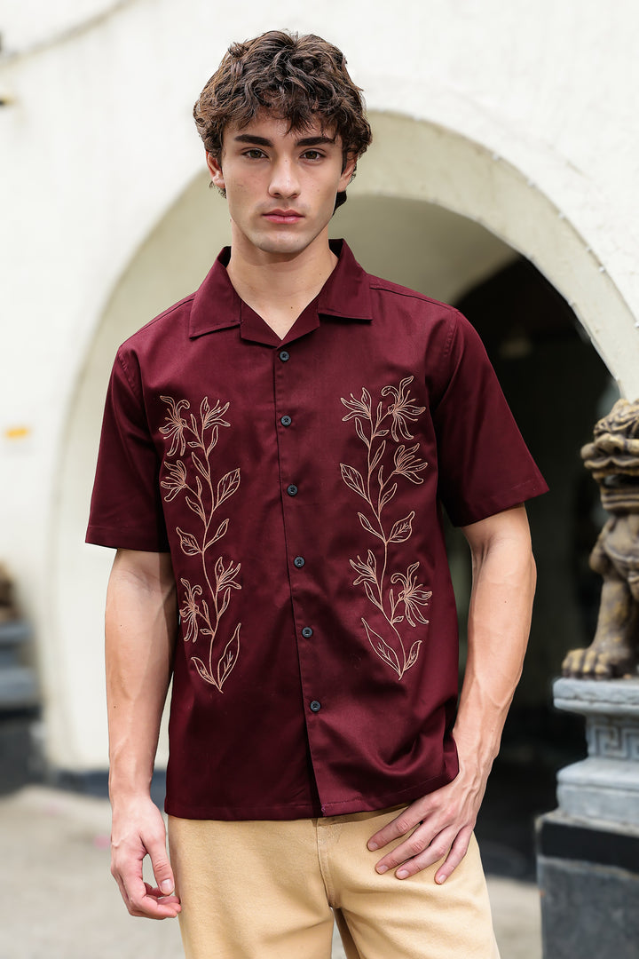 Crimson Floral Embroidery Cuban Shirt