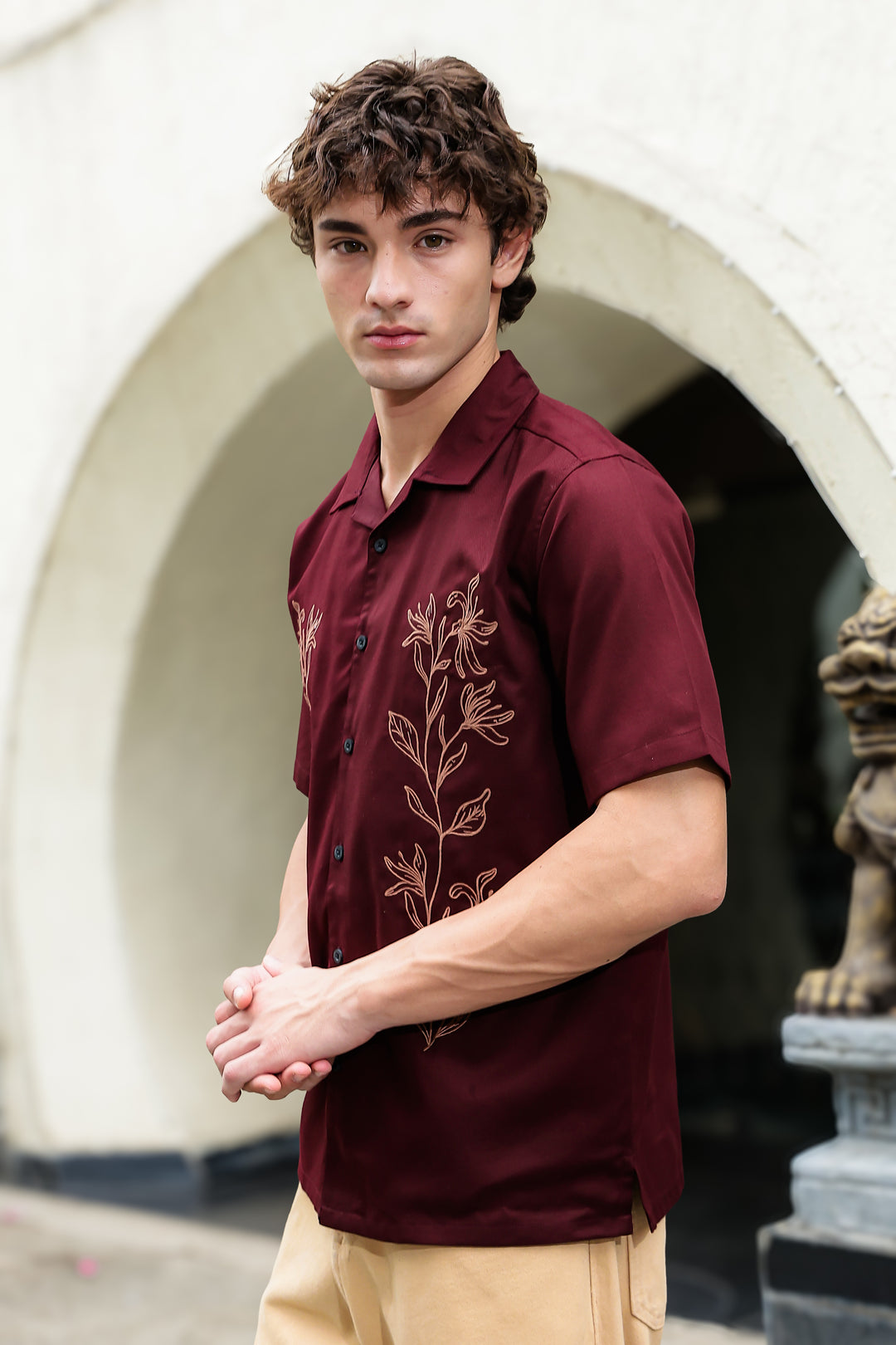 Crimson Floral Embroidery Cuban Shirt
