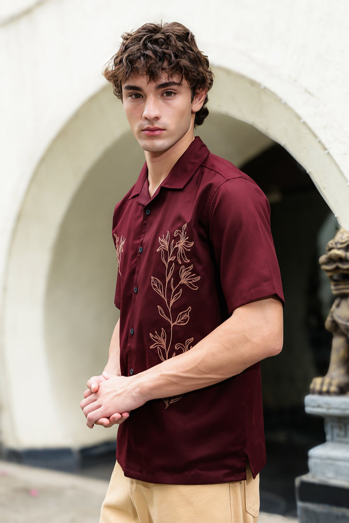 Crimson Floral Embroidery Cuban Shirt