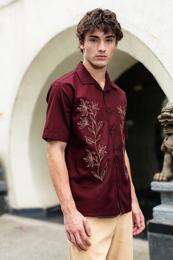 Crimson Floral Embroidery Cuban Shirt