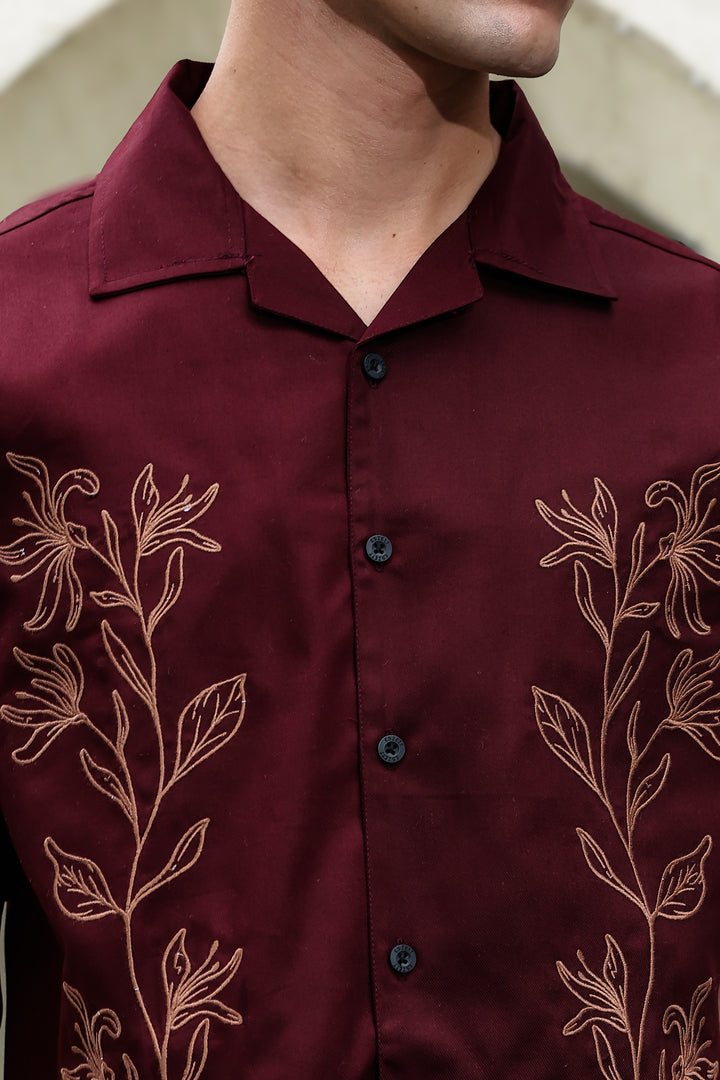 Crimson Floral Embroidery Cuban Shirt