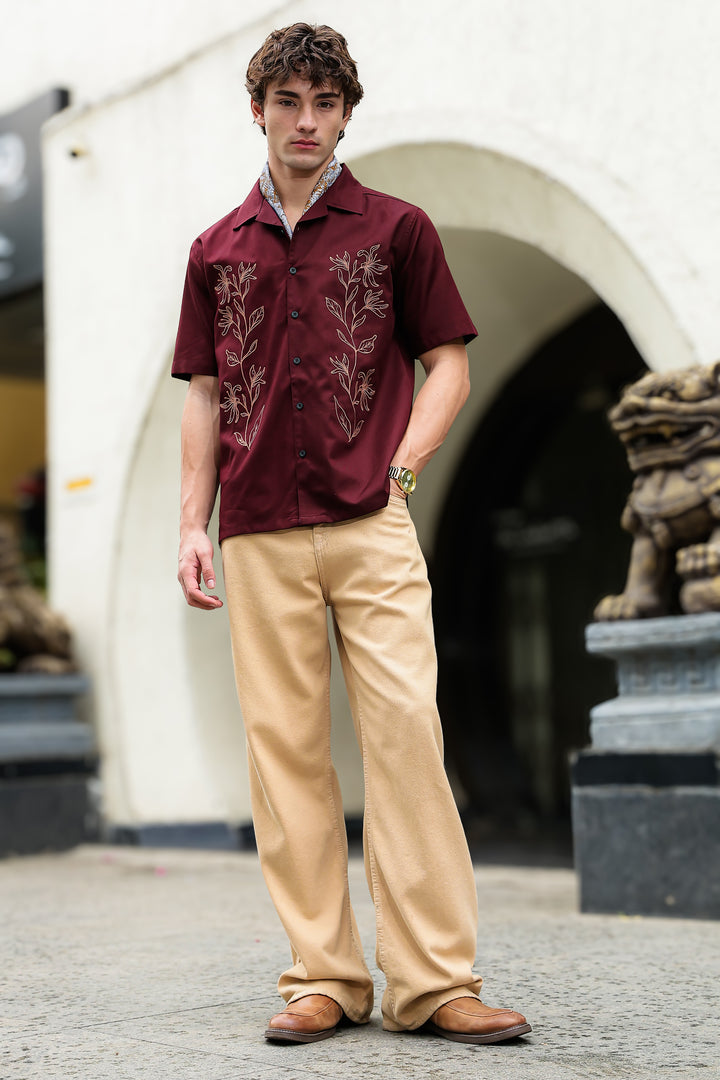 Crimson Floral Embroidery Cuban Shirt
