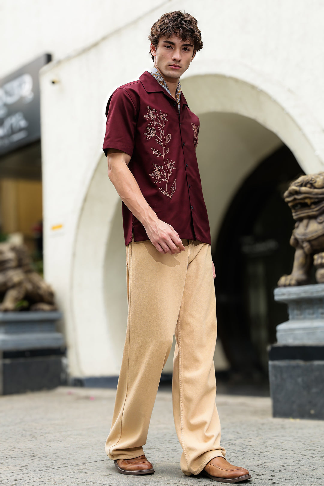 Crimson Floral Embroidery Cuban Shirt