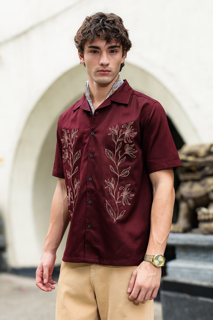 Crimson Floral Embroidery Cuban Shirt