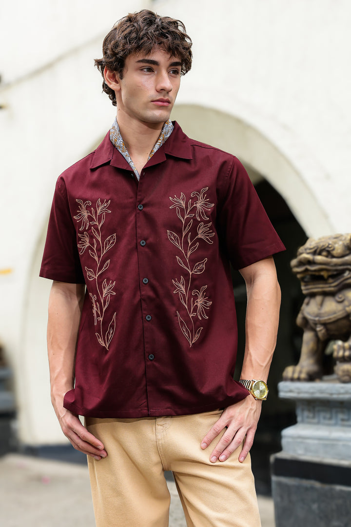 Crimson Floral Embroidery Cuban Shirt