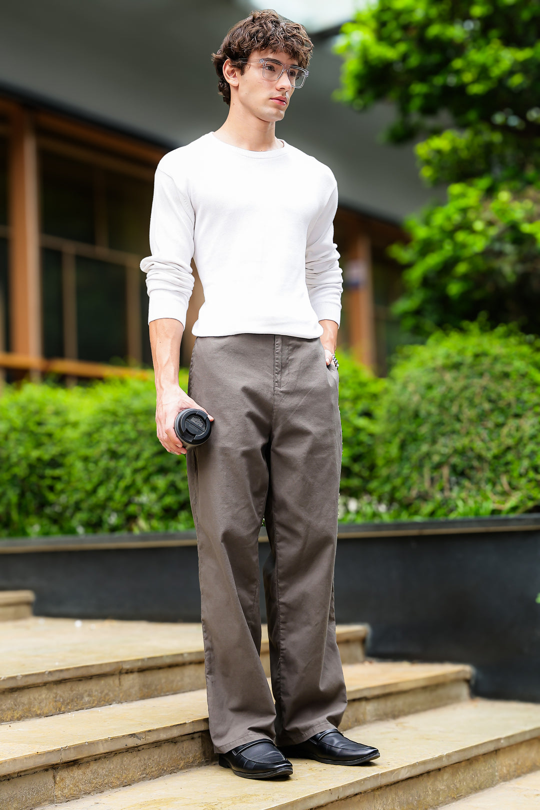 Linen : Brown Relaxed Fit Trousers