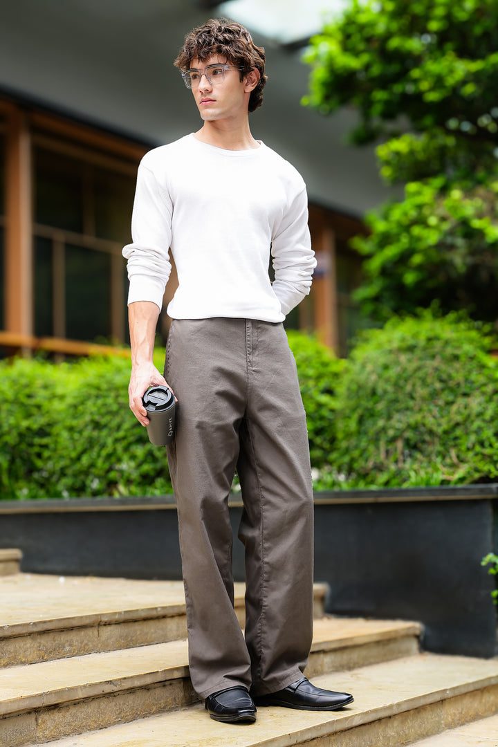Linen : Brown Relaxed Fit Trousers
