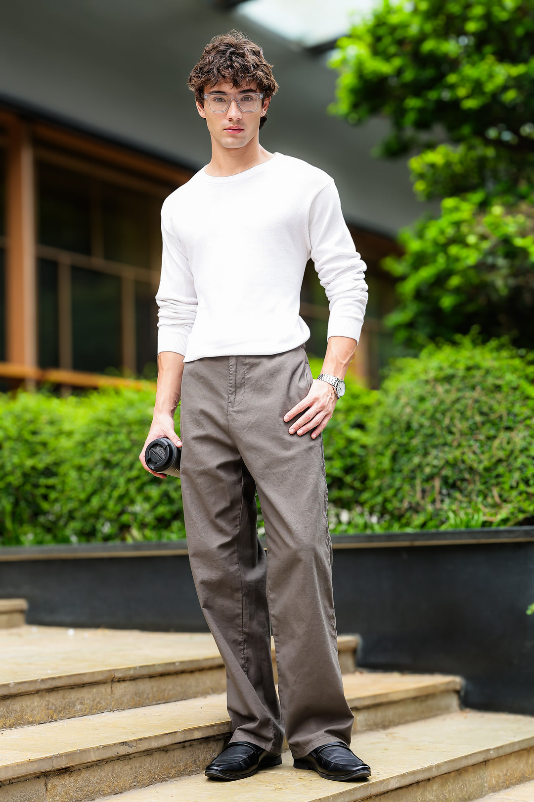 Linen : Brown Relaxed Fit Trousers