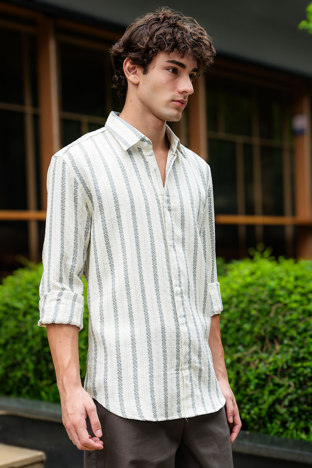 Stripes: Jaquard Green Cotton Shirt
