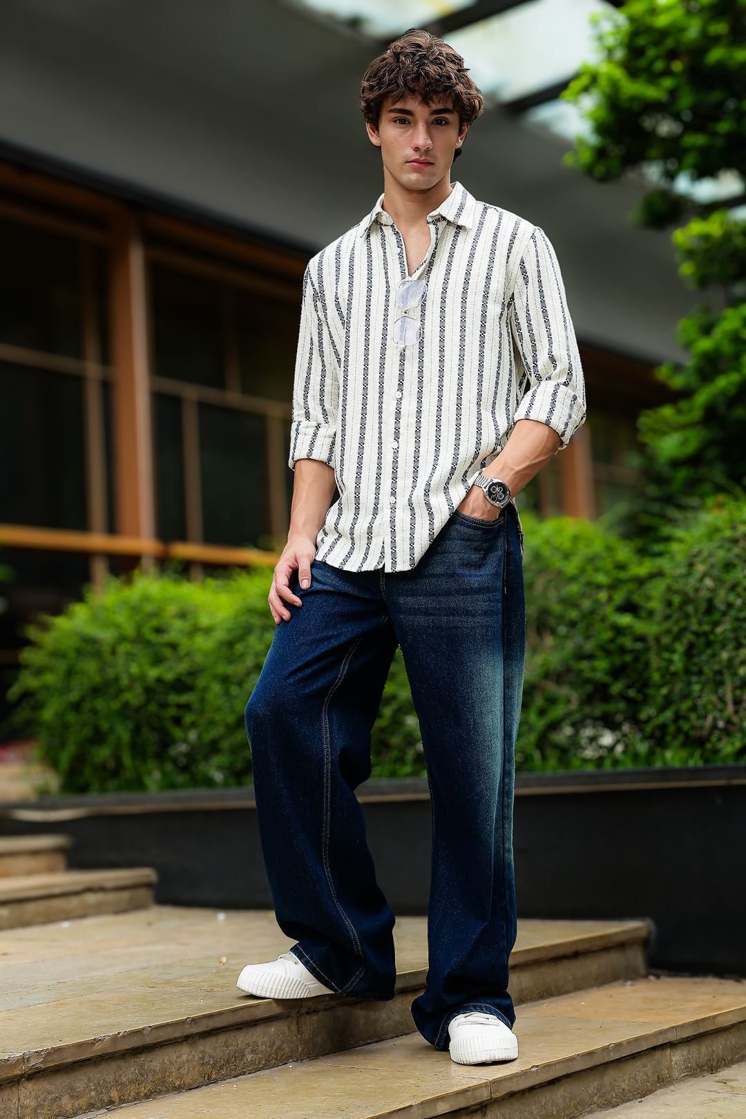 Stripes: Dark Green Jaquard Cotton shirt
