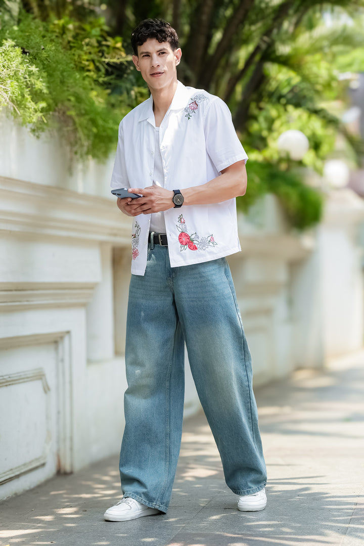 Pitcher Embroidery: White Cuban Shirt