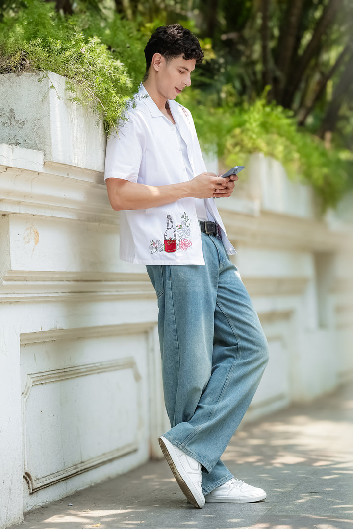 Pitcher Embroidery: White Cuban Shirt