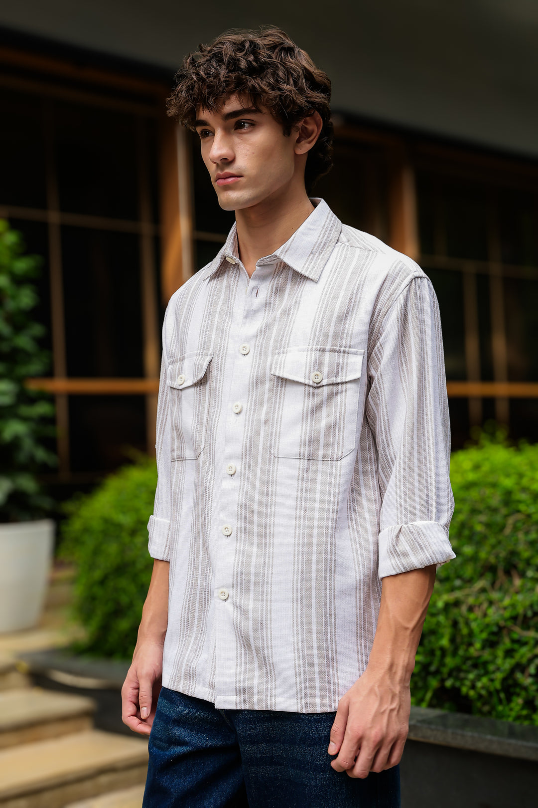 Pockets: Cream Green Streaks Shirt