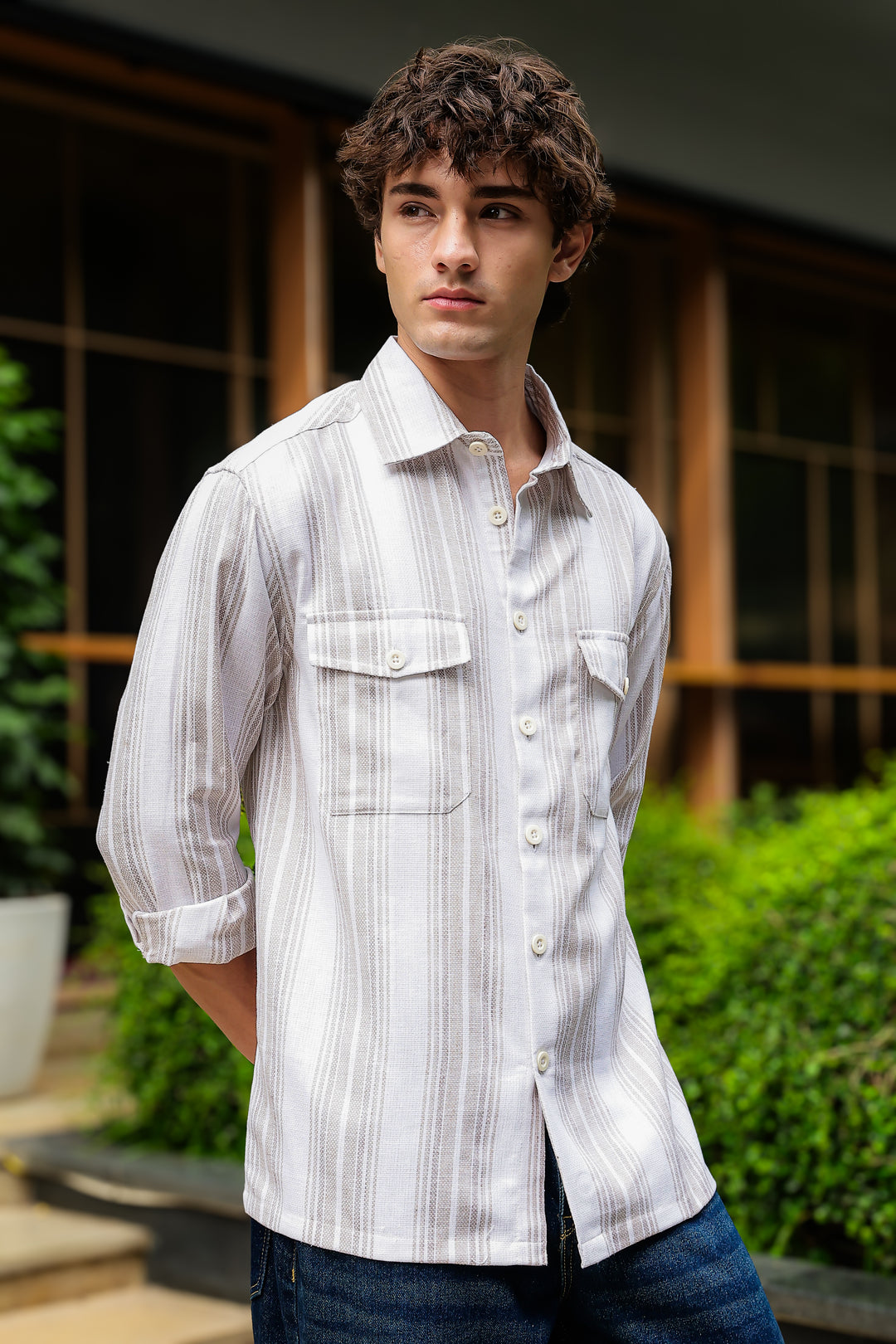 Pockets: Cream Green Streaks Shirt
