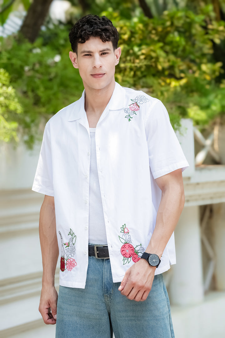 Pitcher Embroidery: White Cuban Shirt