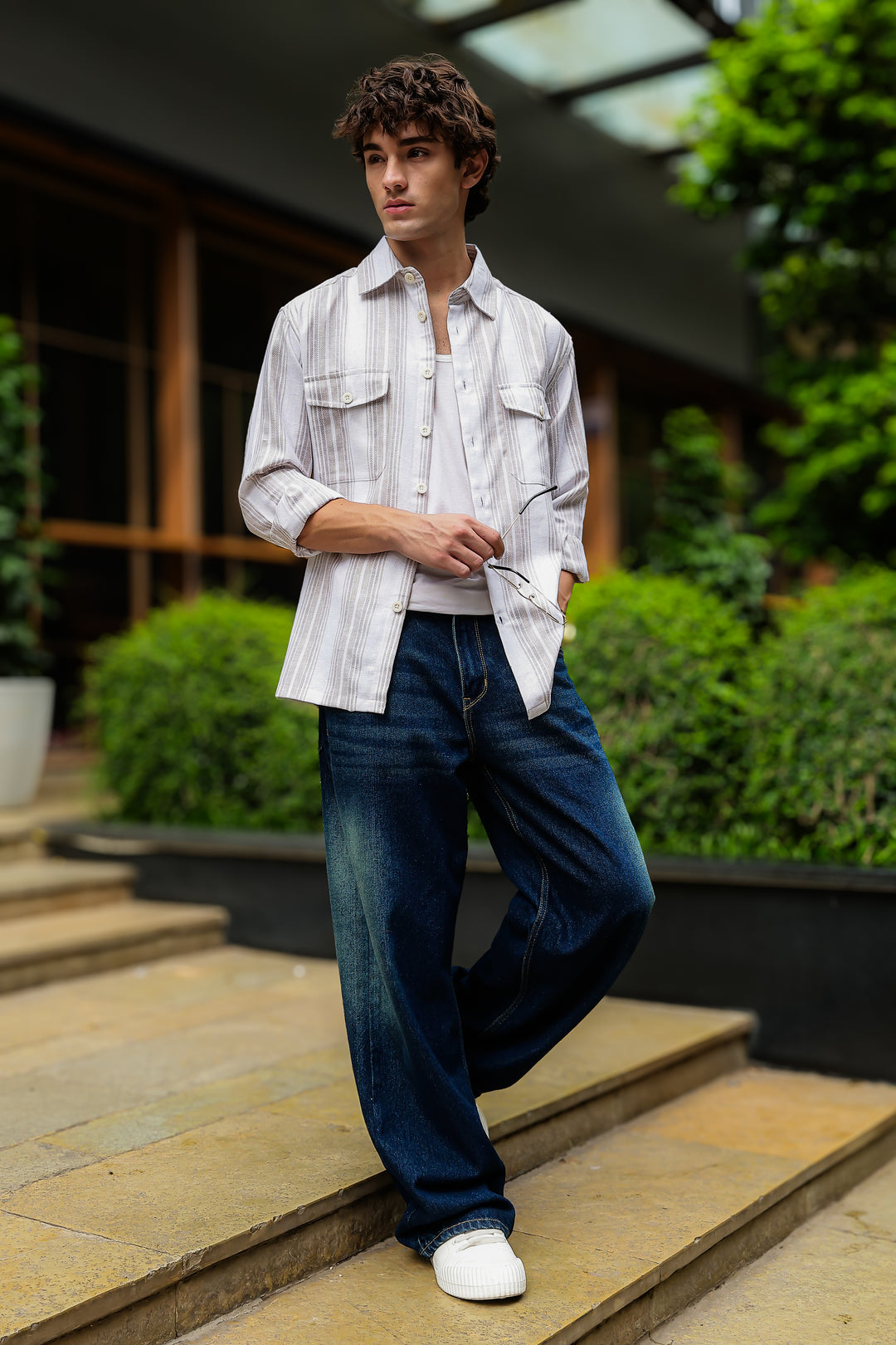 Pockets: Cream Green Streaks Shirt