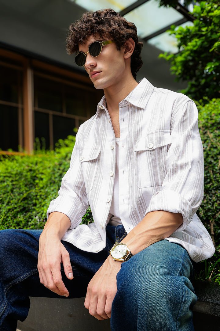 Pockets: Cream Green Streaks Shirt