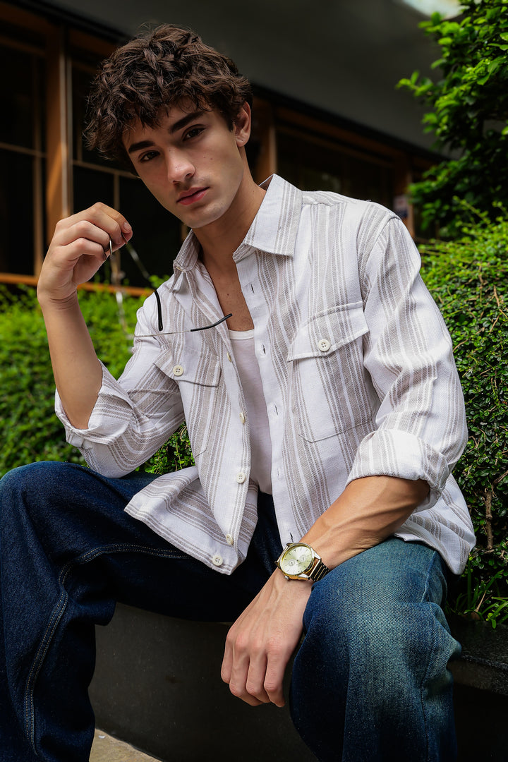 Pockets: Cream Green Streaks Shirt
