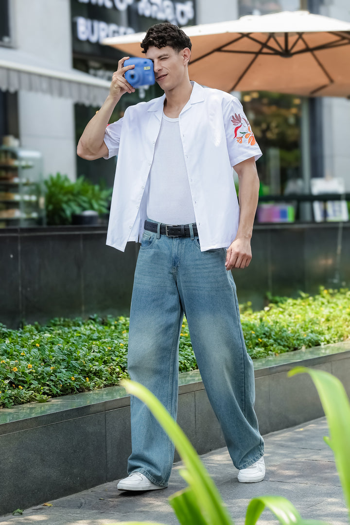 Sakura: Embroidery White Cotton Oversized Shirt