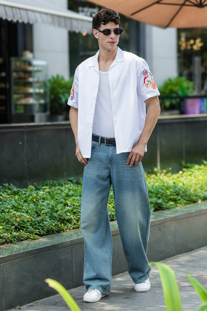 Sakura: Embroidery White Cotton Oversized Shirt