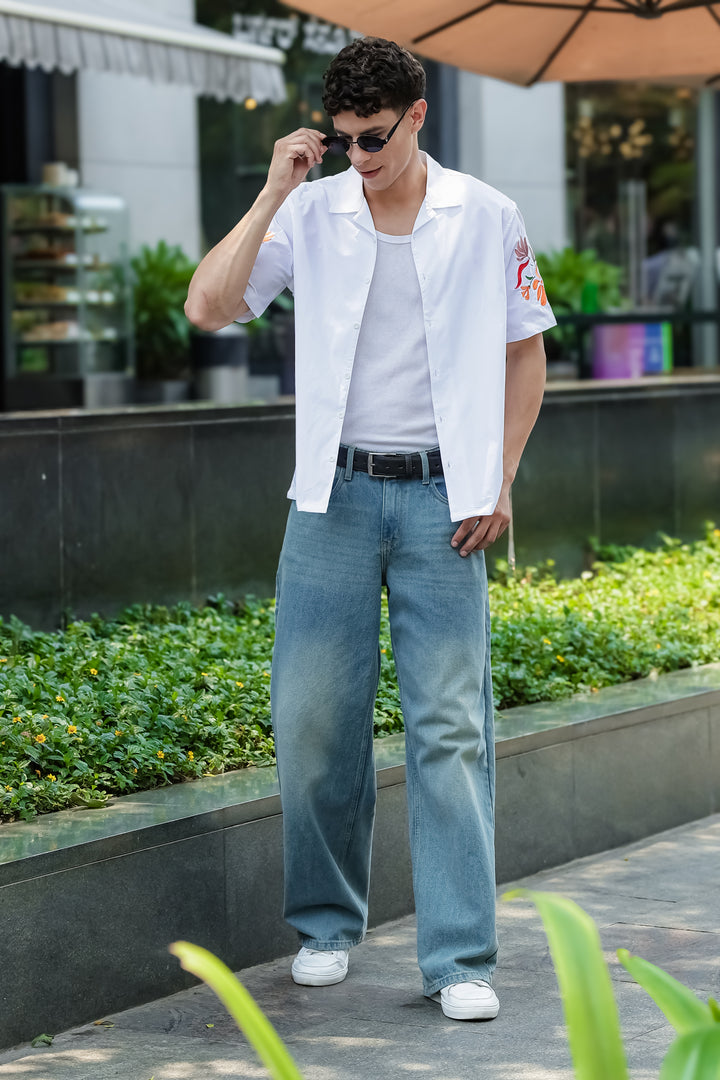 Sakura: Embroidery White Cotton Oversized Shirt