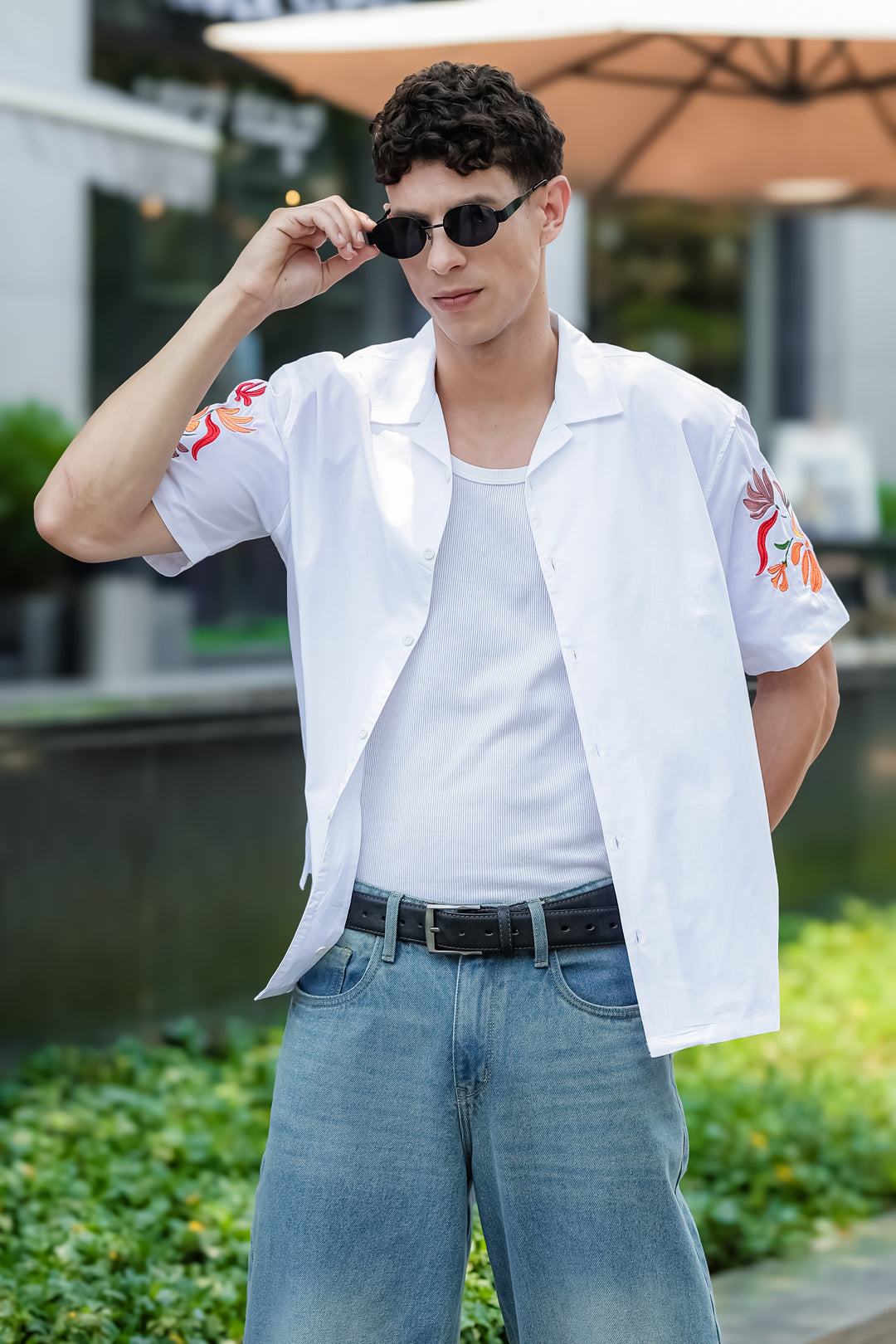 Sakura: Embroidery White Cotton Oversized Shirt