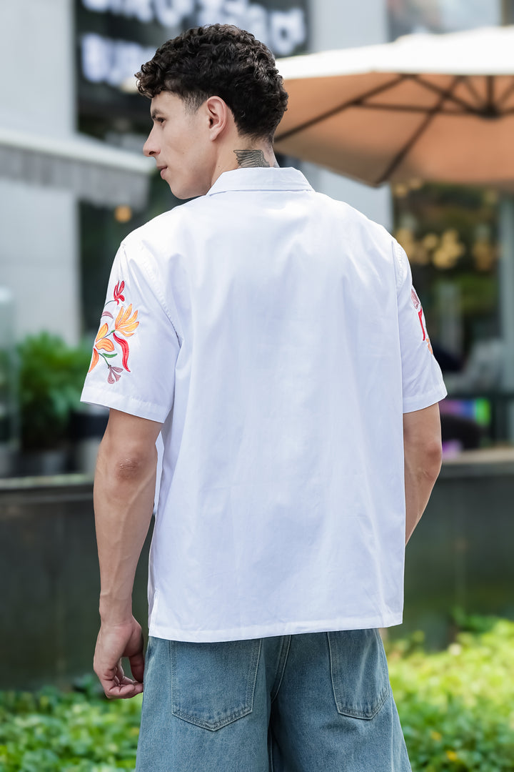 Sakura: Embroidery White Cotton Oversized Shirt
