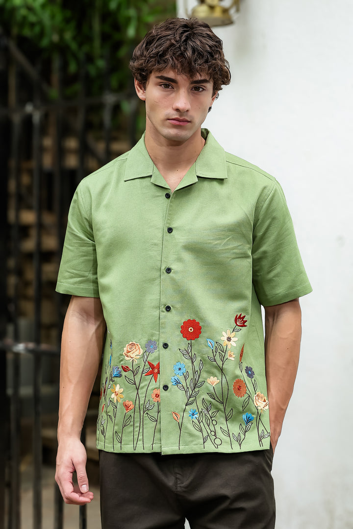 Blossoming Embroidery Cuban Shirt