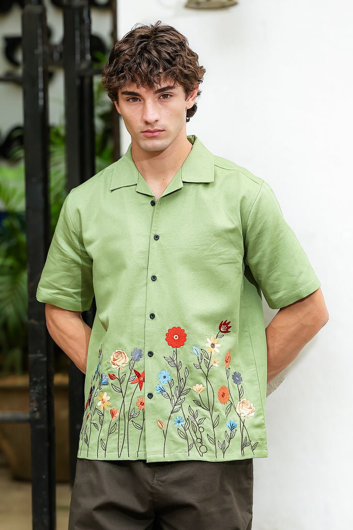 Blossoming Embroidery Cuban Shirt