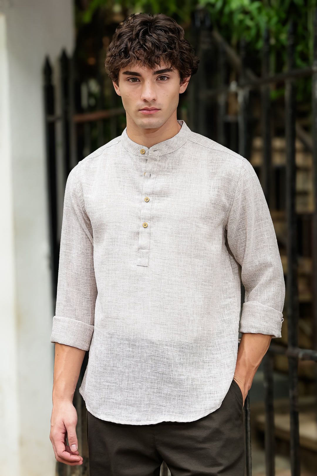 Linen : Cream Mandarin Collar Shirt