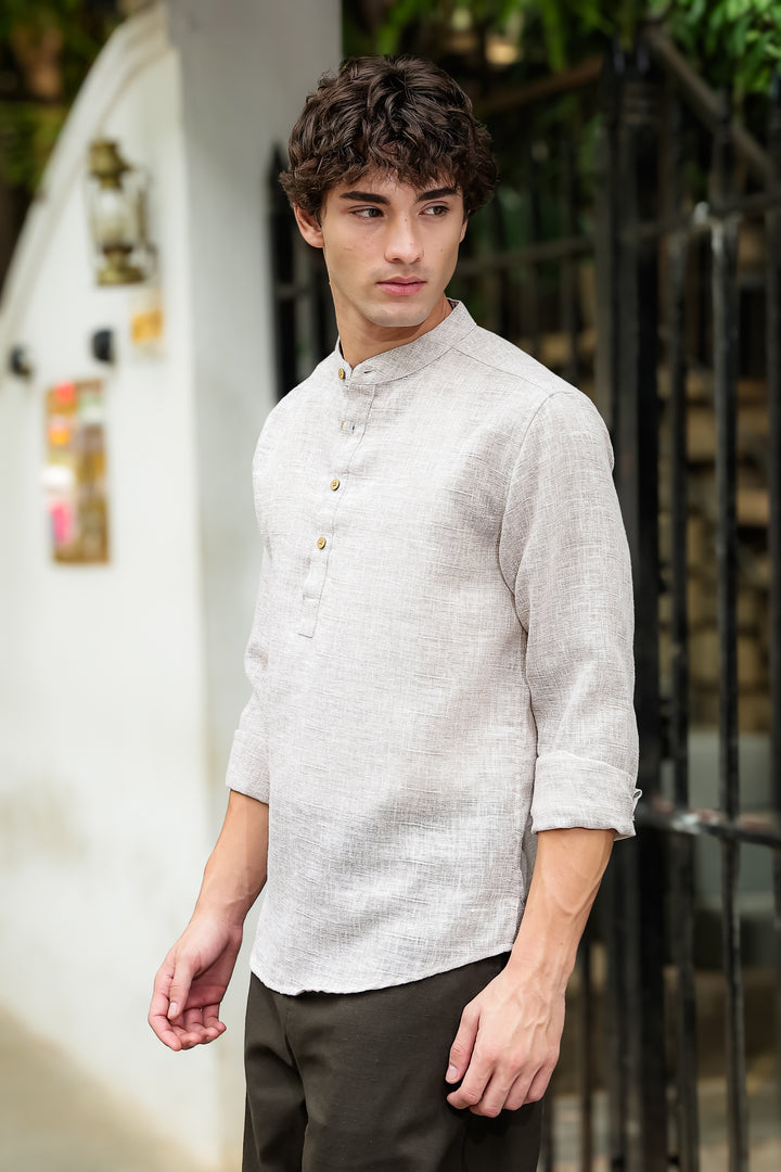 Linen : Cream Mandarin Collar Shirt
