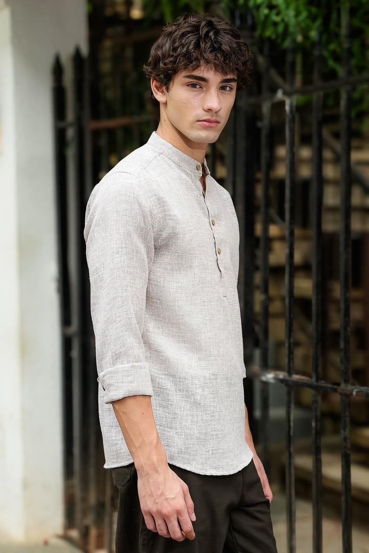 Linen : Cream Mandarin Collar Shirt