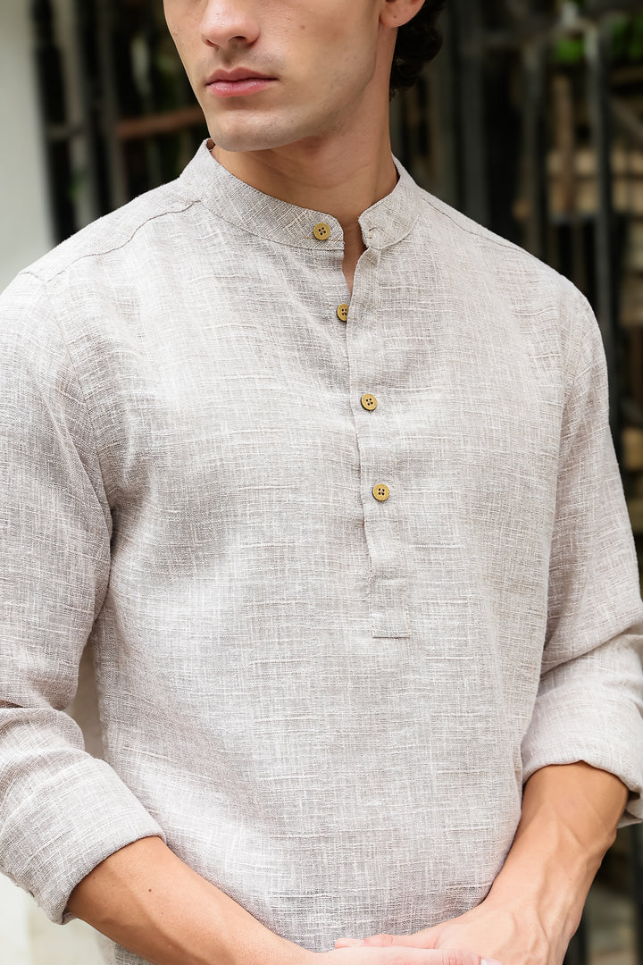 Linen : Cream Mandarin Collar Shirt