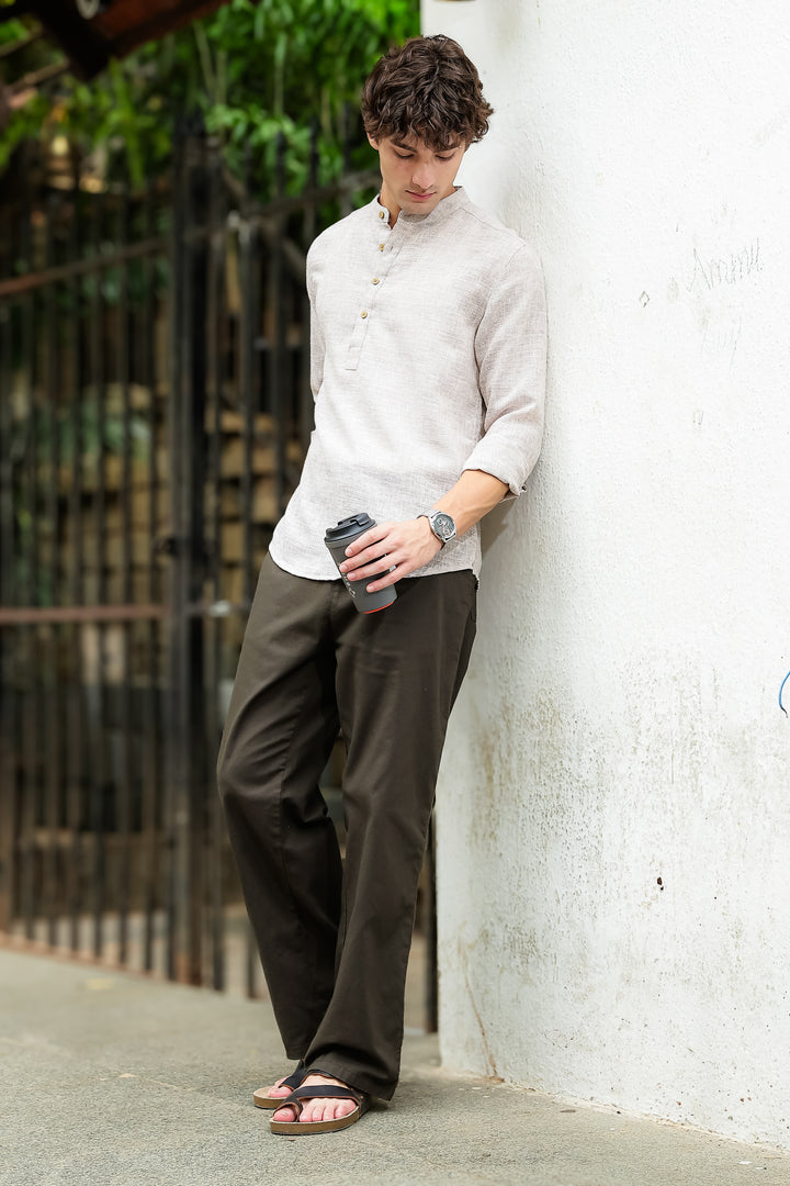 Linen : Cream Mandarin Collar Shirt
