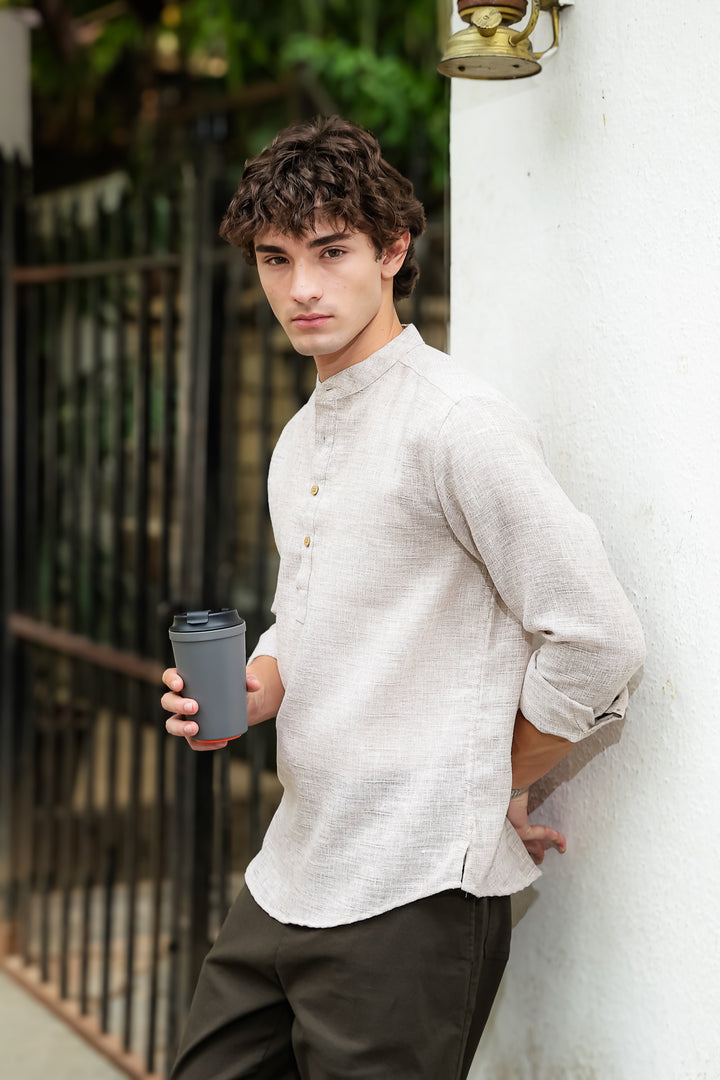 Linen : Cream Mandarin Collar Shirt