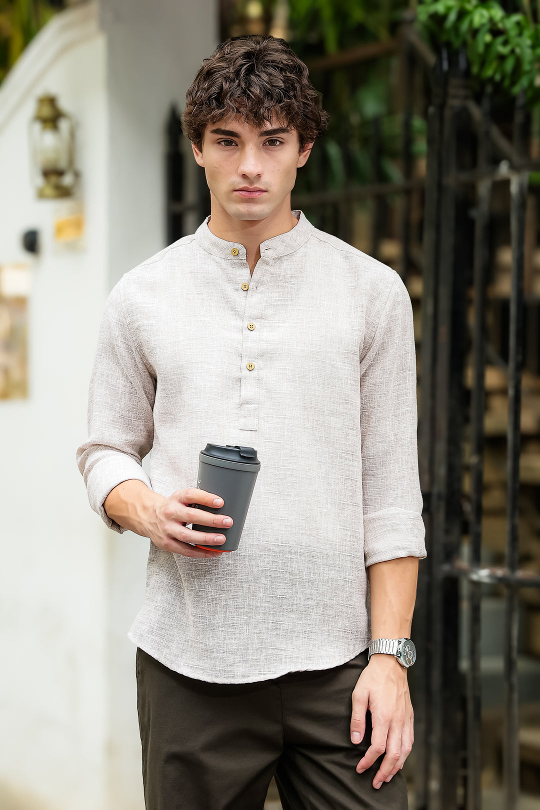 Linen : Cream Mandarin Collar Shirt