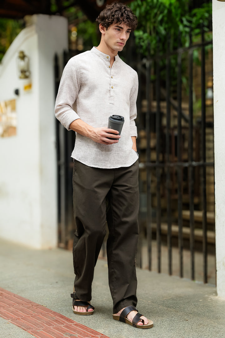 Linen : Cream Mandarin Collar Shirt