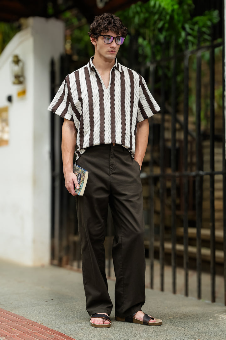 Short Sleeve : Brown Stripes Crochet Shirt
