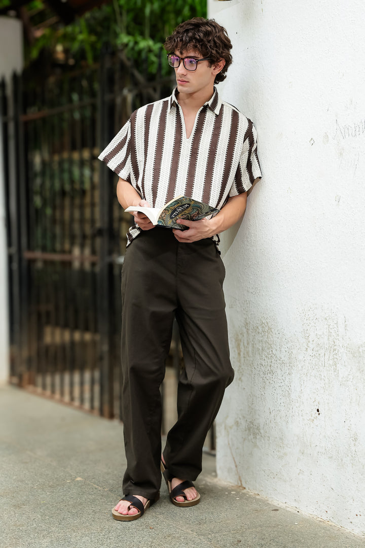 Short Sleeve : Brown Stripes Crochet Shirt